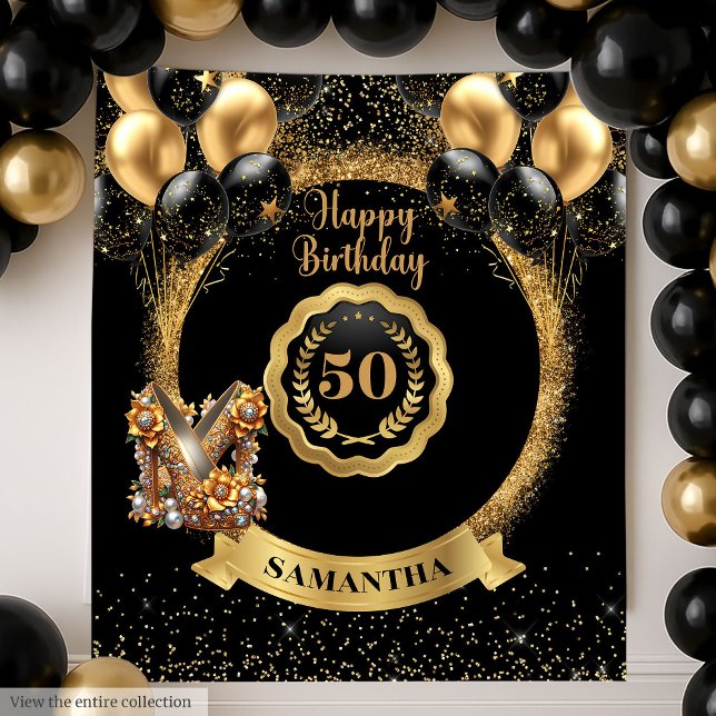 Tenture Black Gold Parties scintillant Glam 50e anniversai (Black Gold Glitter Glam 50th Birthday Backdrop)