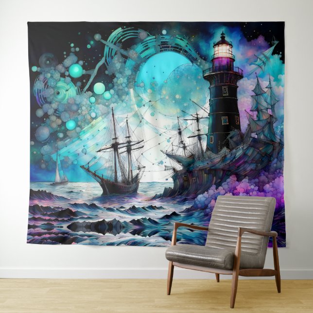 Tenture Blacklight-Lighthouse et voilier mer tempête (En situation (horizontale))