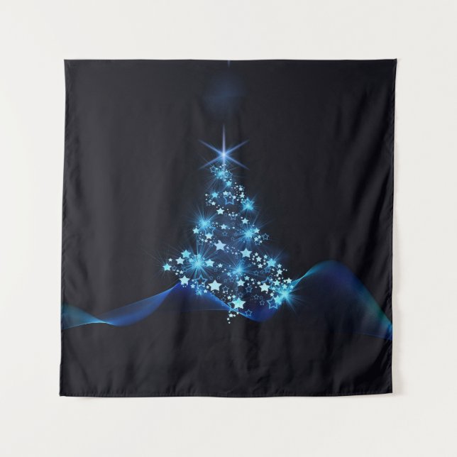 Tenture Bleu brillant des étoiles sur l'arbre de Noël fonc (Devant)