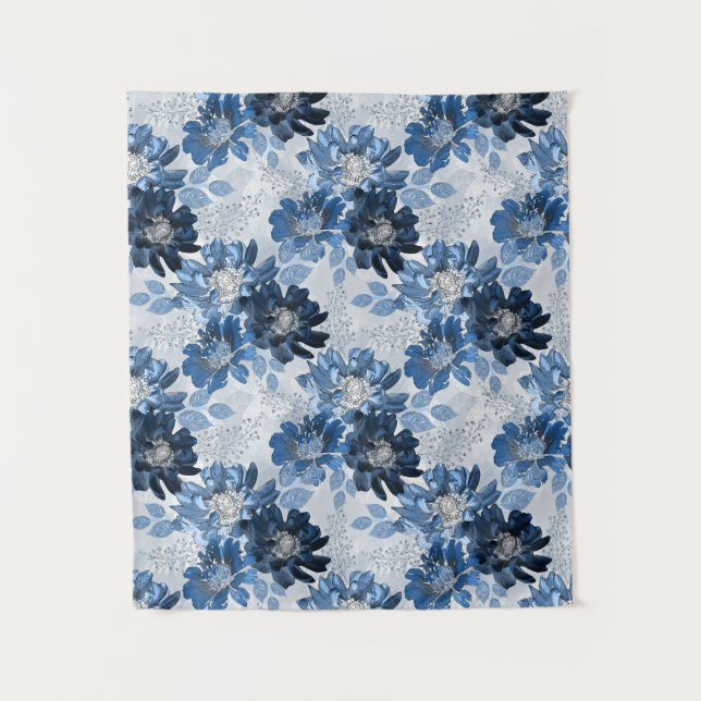 Tenture Bleu clair, fleurs bleu foncé sur gris clair (Devant)