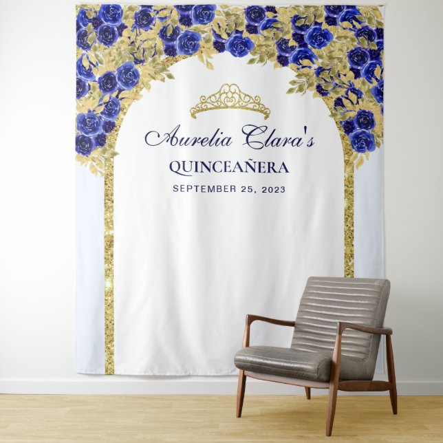 Tenture Bleu Royal Floral Princesse Arche Dorée Quinceaner (En situation)