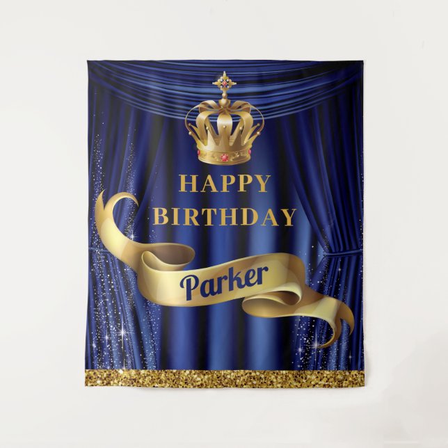 Tenture Bleu Royal Or Prince Joyeux Anniversaire (Devant)