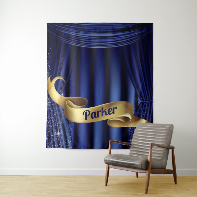 Tenture Bleu Royal Or Prince Personnalisé (En situation)
