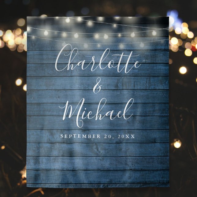 Tenture Bleu Rustique Bois Lumières Mariage Photo fond (Blue Rustic Wood Lights Wedding Photo Backdrop)
