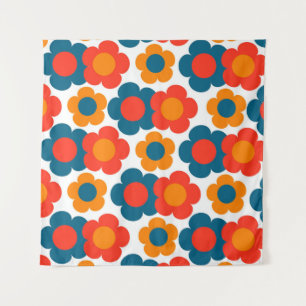 Tenture Bleu Whimsical & Orange Floral Retro Gourme