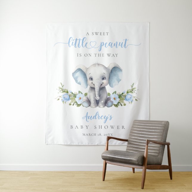 Tenture Blue Floral Elephant Aquarelle bébé garçon douche (En situation)