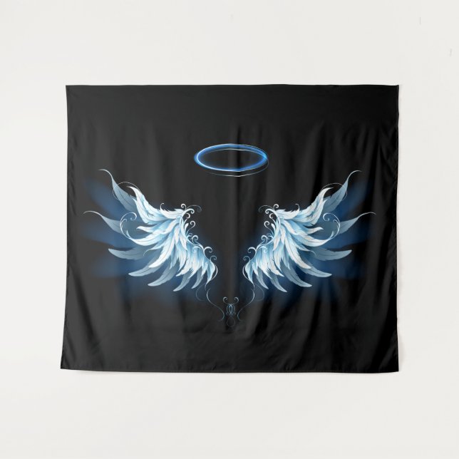 Tenture Blue Glowing Angel Wings on black background (Devant (Horizontal))