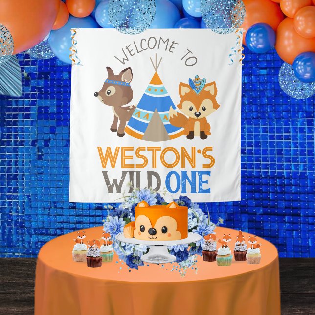 Tenture Blue Wild One Woodland 1er anniversaire de fête Co (Large Square Personalized Tribal Forest Fox and Deer Woodland Wild One 1st Birthday Backdrop)