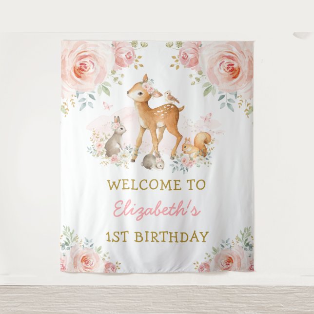 Tenture Blush Floral Woodland Animaux 1er anniversaire Bie (Devant)