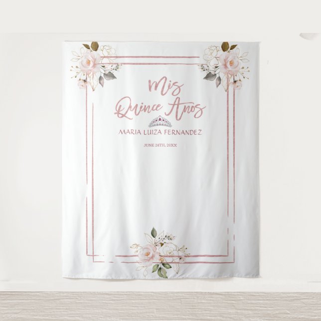 Tenture Blush Gold Fleurs Roses Or MIS QUINCE AÑOS (Devant)