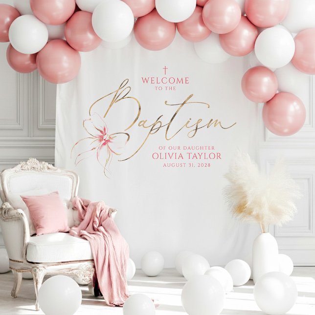 Tenture Blush Pink Bow Girl Baptism Photo Backdrop Welcome (Pink Bow Baptism Photo Backdrop Tapestry)