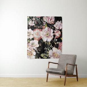 Tenture bohème chic rose pâle fleurs sombres floral