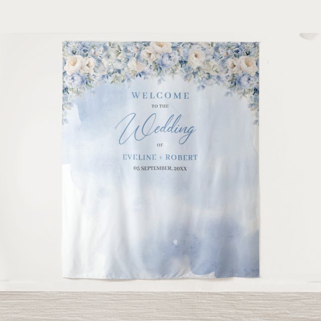 Tenture Boho bleu fleuri eucalyptus et cadre or Mariage (Devant)