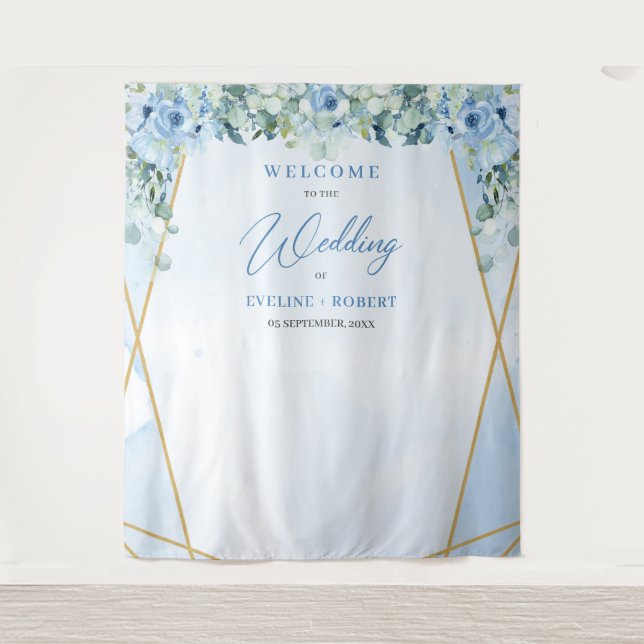 Tenture Boho bleu fleuri eucalyptus et cadre or Mariage (Devant)