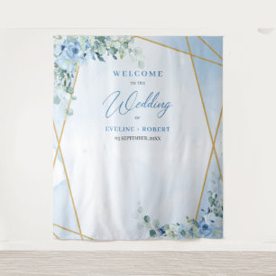 Tenture Boho bleu fleuri eucalyptus et cadre or Mariage