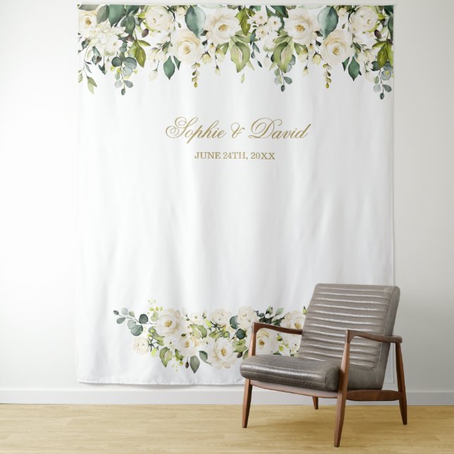 Tenture Boho Fleurs blanches Mariage Photo Booth fond (En situation)