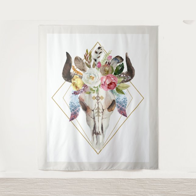 Tenture Boho fleurs & plumes crâne de taureau géométrique (Devant)