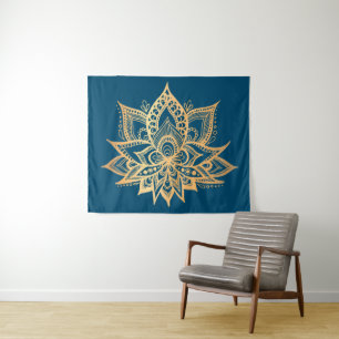 Tenture Boho Gold Lotus Flower Mandala Art Blue