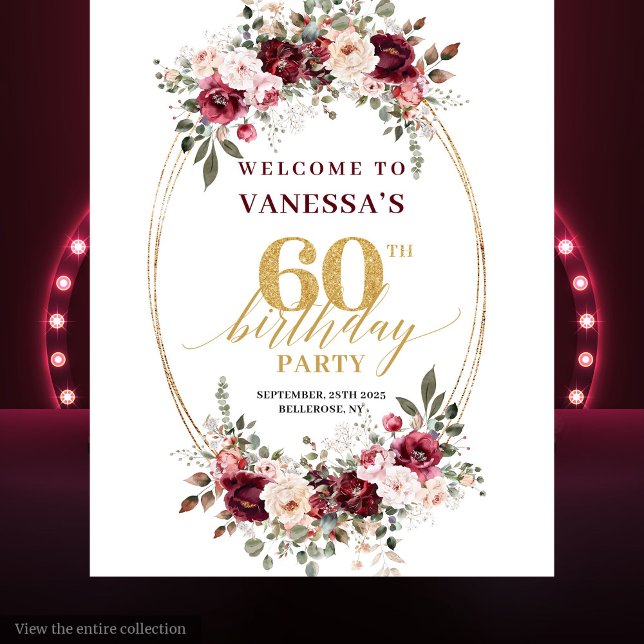 Tenture Boho Marsala Gold Floral Burgundy 60th Birthday  (Boho Marsala Gold Floral Burgundy 60th Birthday Banner)