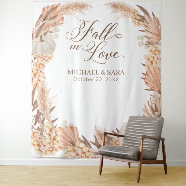 Tenture Boho Pampas White Pumpkin backdrop fall banner  (En situation)