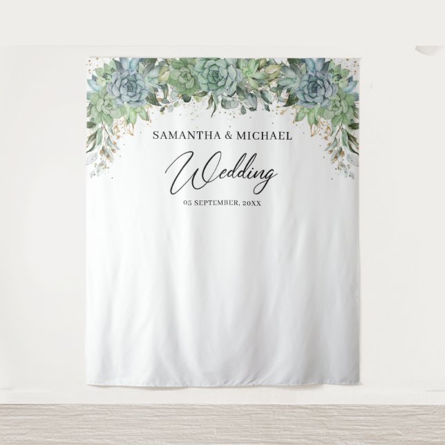 Tenture Boho succulent eucalyptus mariage cadre or (Devant)