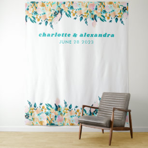 Tenture Boho Turquoise bleu et or aquarelle Mariage floral