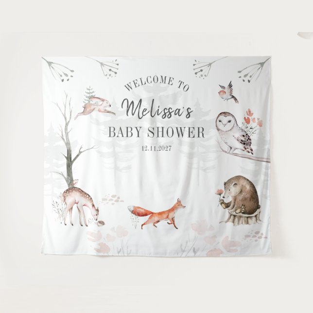 Tenture Bois Aquarelle Forêt Animaux Baby shower (Devant (Horizontal))