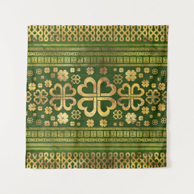Tenture Bois vert Shamrock à quatre feuilles et or (Devant)