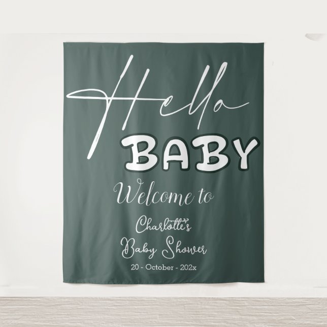 Tenture Bonjour Bébé élégant Baby shower vert foncé arrièr (Devant)