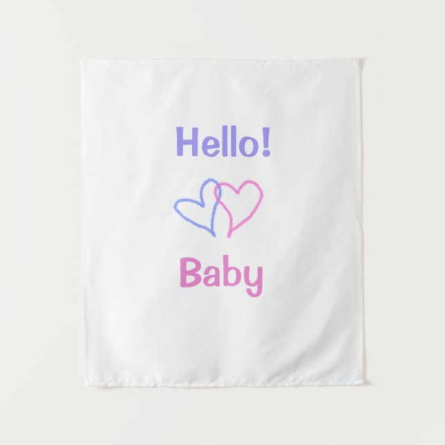 Tenture Bonjour bébé rose violet cœur aquarelle boho (Devant)