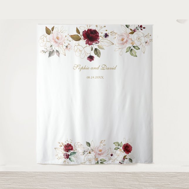 Tenture Booth Photo de Mariage Fleurs Dorées Rouge Bourgog (Devant)