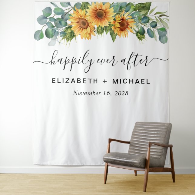 Tenture Booth Photo de Tournesol de Mariage Eucalyptus (En situation)
