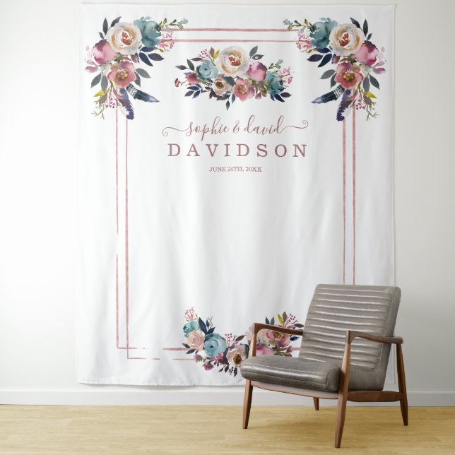 Tenture Booth Photo Fleurs Rose Gold Poussiéreux Bleu (En situation)