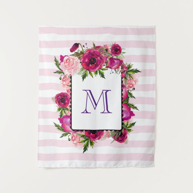 Tenture Bouquet de fleurs roses et coquelicots sur bandes  (Devant)