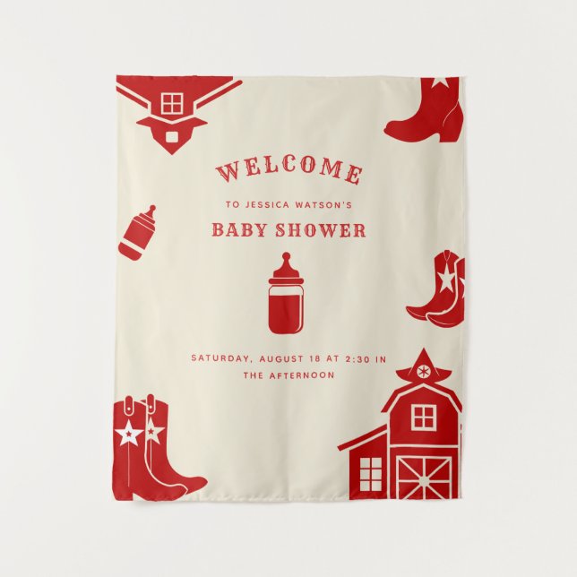 Tenture Bouteilles et Bottes Retro Shower Bébé Rouge Cowbo (Devant)