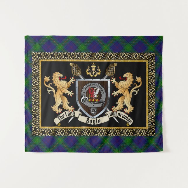 Tenture Boyle Clan Badge & Motto avec Lions (Devant (Horizontal))