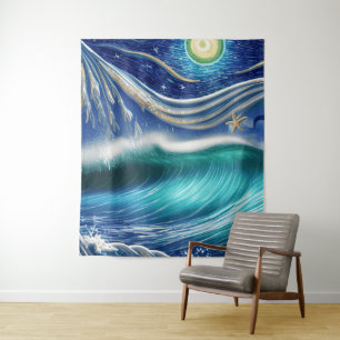 Tenture Bright Moon Blue Waves