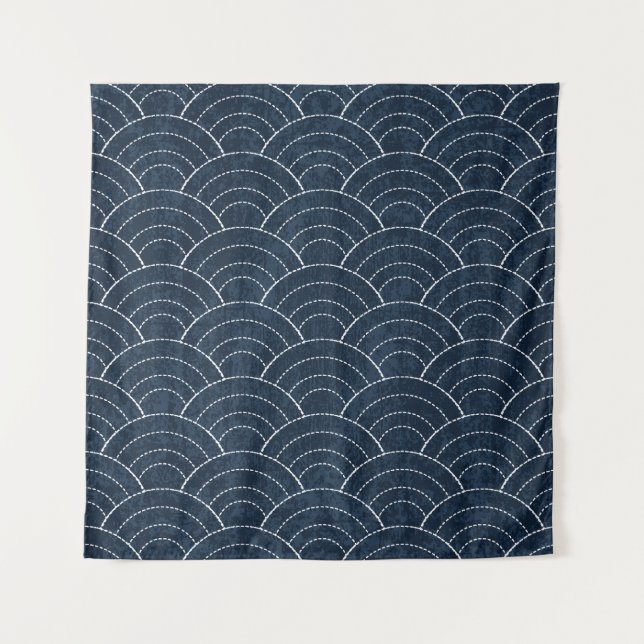 Tenture Broderie Sashiko : Indigo Motif japonais. (Devant)