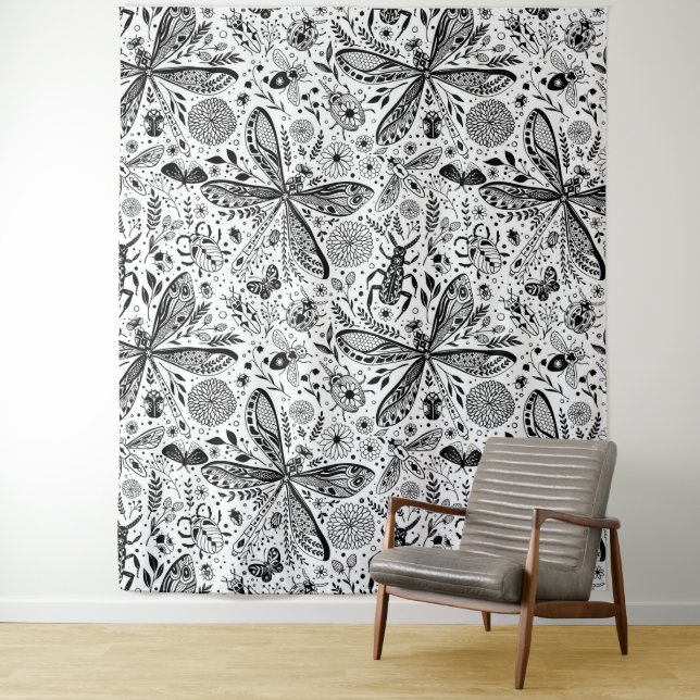 Tenture Bugs de Doodle sur bleu foncé (En situation)