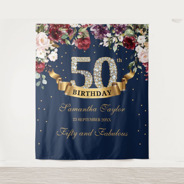 Tenture Burgundy et rose floral 50e anniversaire (Devant)