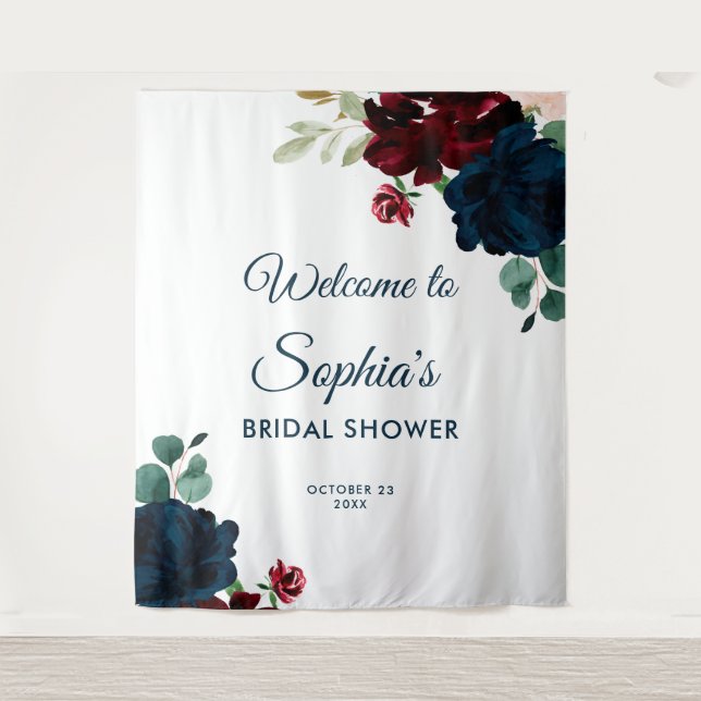 Tenture Burgundy & Navy Blue Flowers Rustic Bridal Shower (Devant)