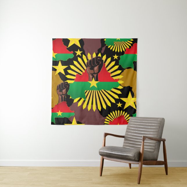 Tenture Burkina Faso Carte, drapeau et première révolution (En situation)