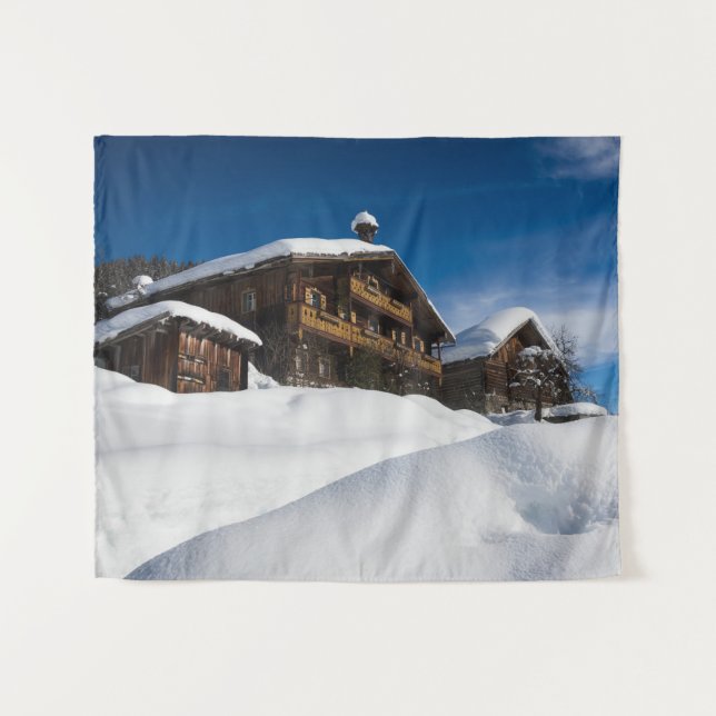 Tenture cabines traditionnels en bois dans la neige (Devant (Horizontal))