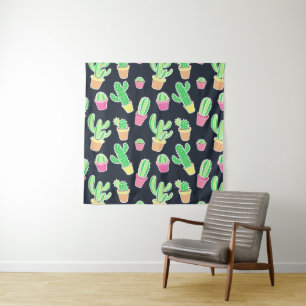 Tenture Cactus au néon d'aquarelle dans le motif de pots