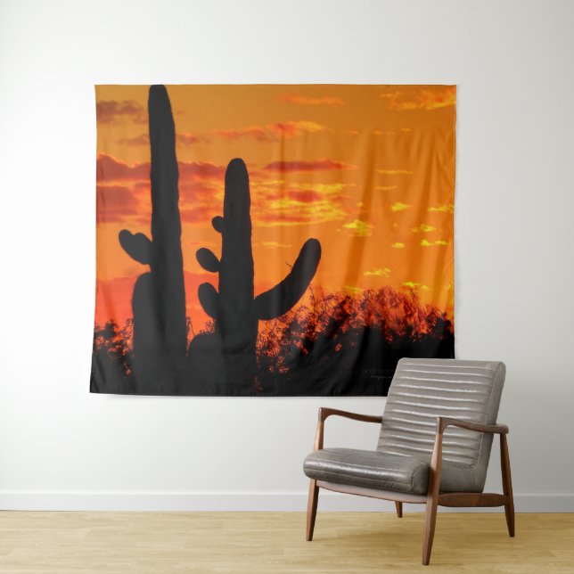Tenture Cactus De L'Arizona Saguaro Avec Coucher De Soleil (En situation (horizontale))