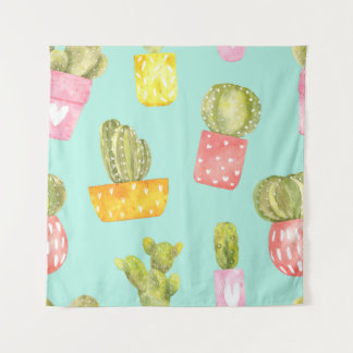 Tenture Cactus épineux dans les pots, motif aquarelle.