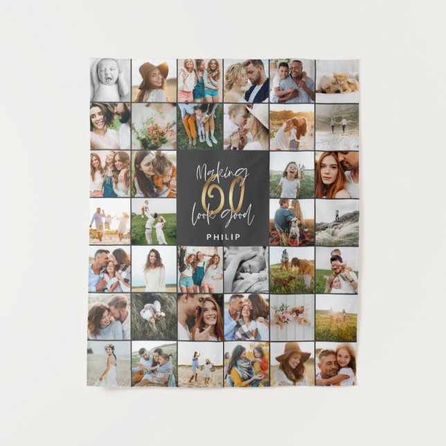 Tenture Cadeau de script multi-photo d'anniversaire 60 ans (Devant)