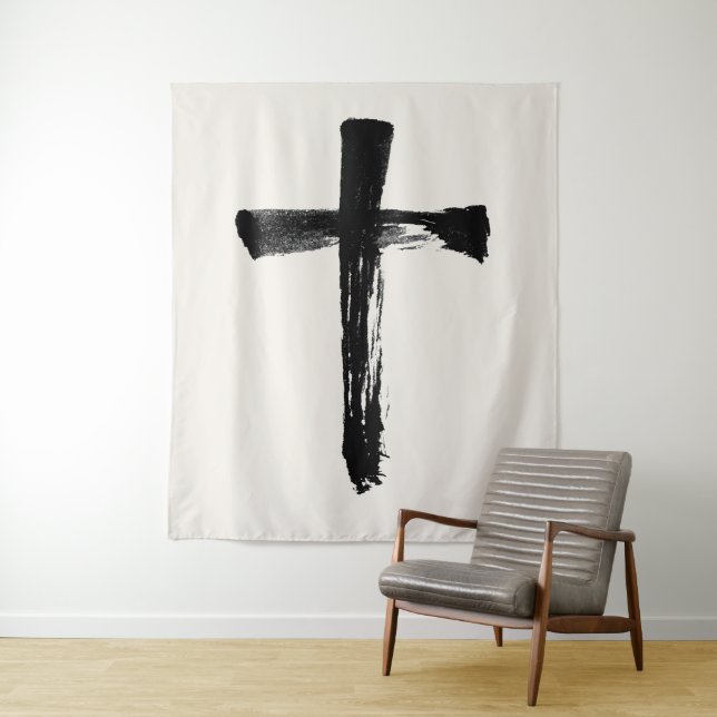 Tenture Calligraphie Croix Christian Moderne Crucifix (En situation)