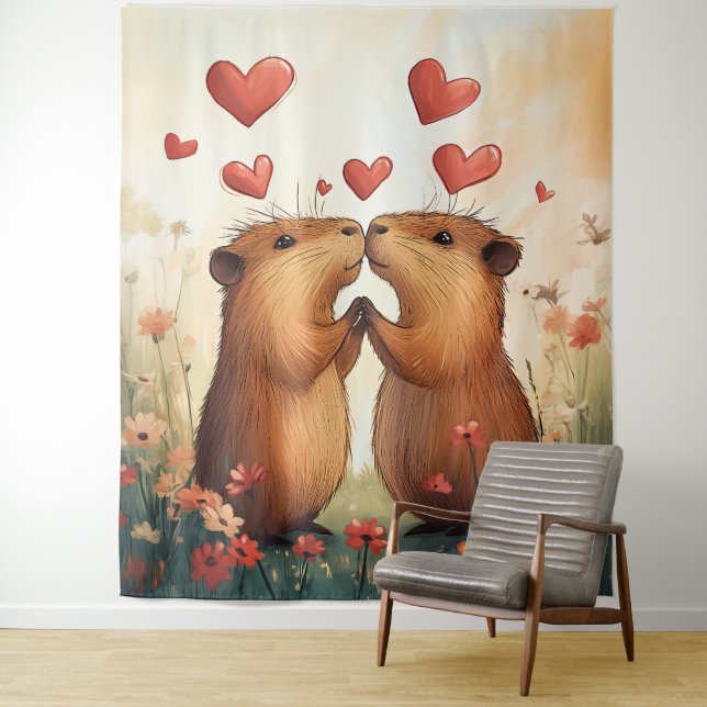 Tenture Capybara Love - Un moment de pré romantique (En situation)
