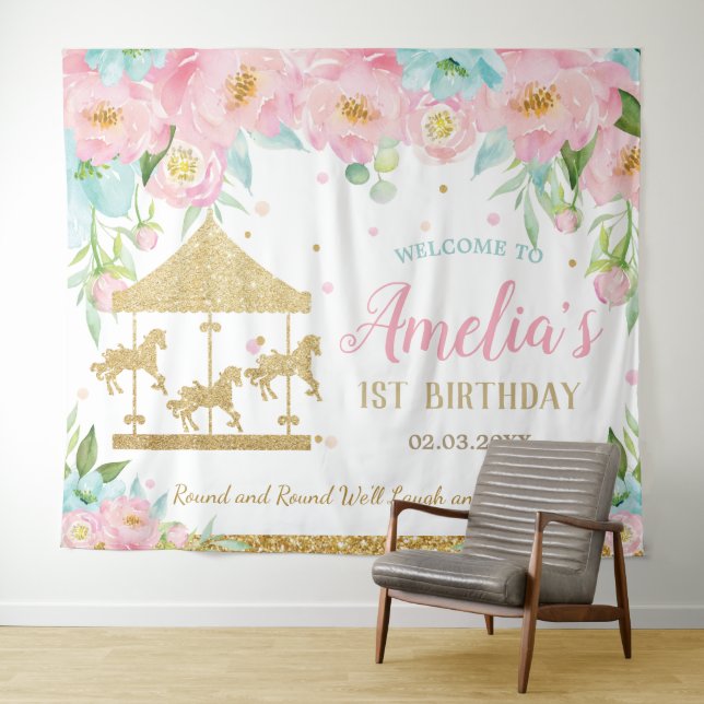 Tenture Carousel Floral Menthe Rose 1er Anniversaire Bienv (En situation (horizontale))